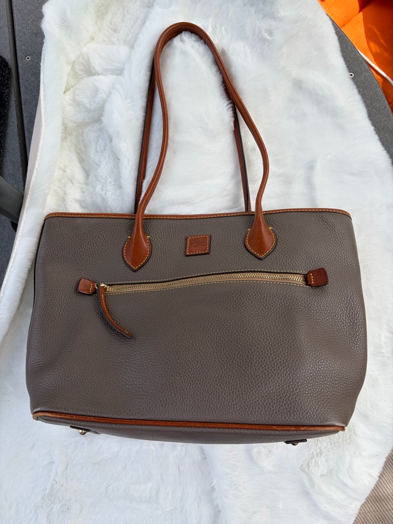 Dooney & Bourke Taupe Pebble Leather Tote With Brown Trim